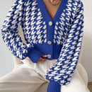 Essnce cardigan casual de mujer con botones y mangas de farol, dobladillo ancho y estampado de pata de gallo