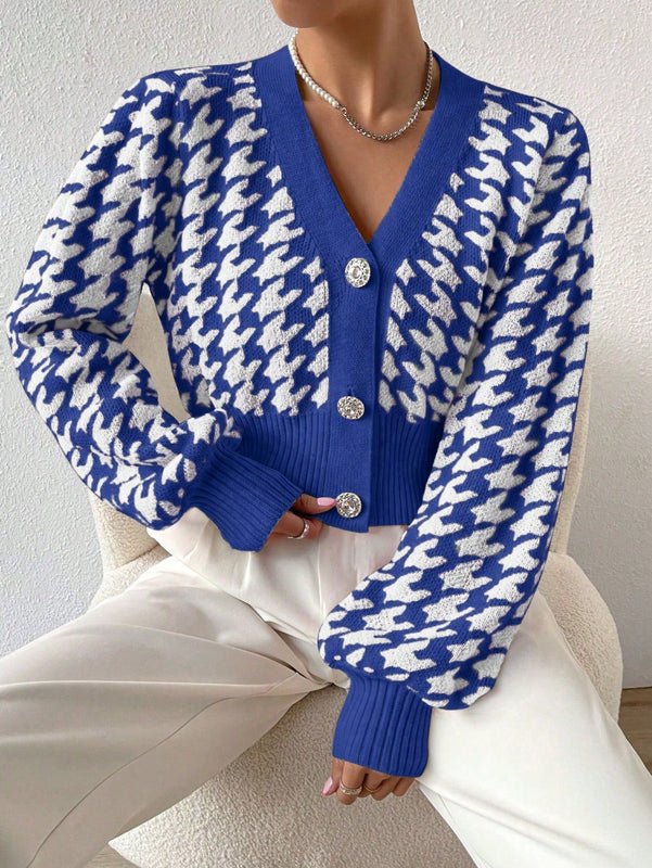 Essnce cardigan casual de mujer con botones y mangas de farol, dobladillo ancho y estampado de pata de gallo