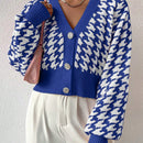 Essnce cardigan casual de mujer con botones y mangas de farol, dobladillo ancho y estampado de pata de gallo