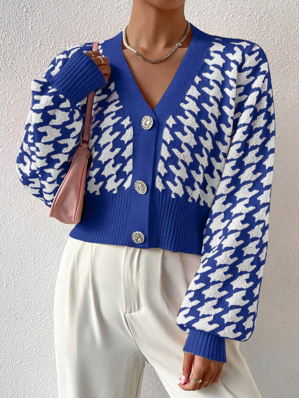 Essnce cardigan casual de mujer con botones y mangas de farol, dobladillo ancho y estampado de pata de gallo