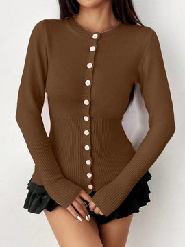 Moosta mujer chaqueta de punto de unicolor con cuello redondo, manga larga, de abotonadura sencilla, versatil y de moda, para otono/invierno