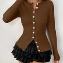 Moosta mujer chaqueta de punto de unicolor con cuello redondo, manga larga, de abotonadura sencilla, versatil y de moda, para otono/invierno