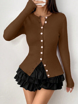 Moosta mujer chaqueta de punto de unicolor con cuello redondo, manga larga, de abotonadura sencilla, versatil y de moda, para otono/invierno