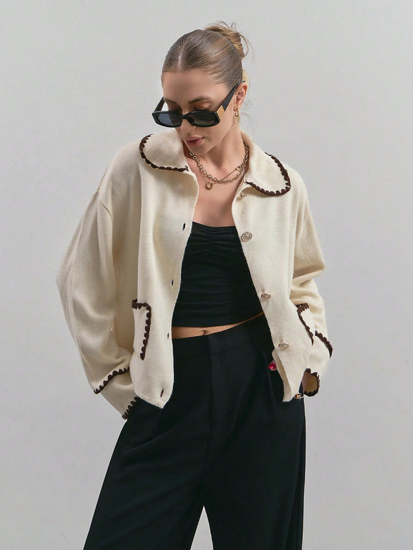 Eurmuse chaqueta de punto gruesa con cuello de muneca suelta y corta para mujer, nuevo otono 2024