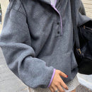 Ezwear sudadera con capucha casual simple para mujer con bolsillo, manga larga, botones delanteros y parche de color liso