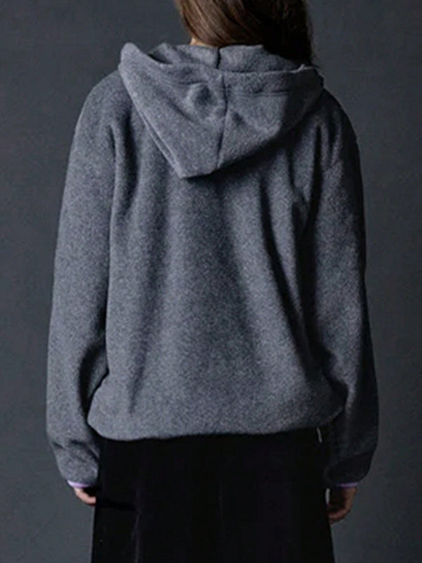 Ezwear sudadera con capucha casual simple para mujer con bolsillo, manga larga, botones delanteros y parche de color liso