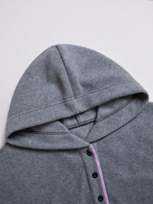 Ezwear sudadera con capucha casual simple para mujer con bolsillo, manga larga, botones delanteros y parche de color liso