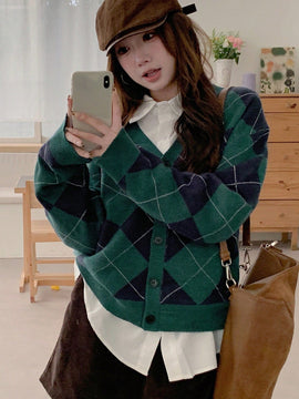 Dazy cardigan con bloques de color y argyle para mujer, informal para otono/invierno