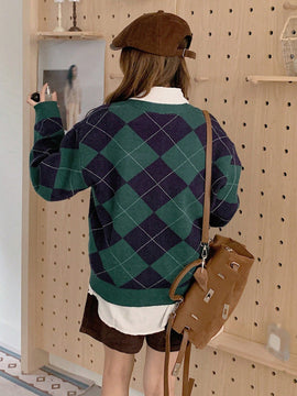 Dazy cardigan con bloques de color y argyle para mujer, informal para otono/invierno