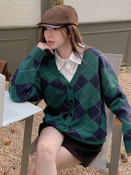 Dazy cardigan con bloques de color y argyle para mujer, informal para otono/invierno