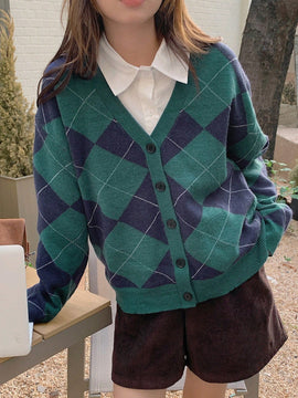 Dazy cardigan con bloques de color y argyle para mujer, informal para otono/invierno