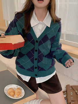 Dazy cardigan con bloques de color y argyle para mujer, informal para otono/invierno