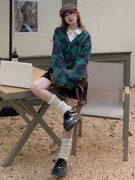 Dazy cardigan con bloques de color y argyle para mujer, informal para otono/invierno
