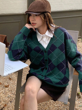 Dazy cardigan con bloques de color y argyle para mujer, informal para otono/invierno