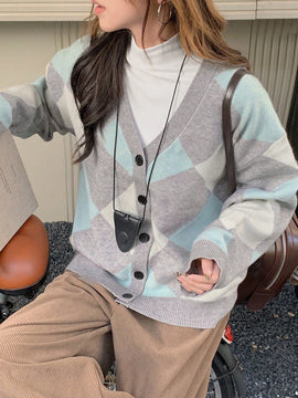 Dazy cardigan con bloques de color y argyle para mujer, informal para otono/invierno