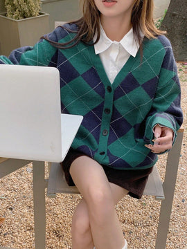 Dazy cardigan con bloques de color y argyle para mujer, informal para otono/invierno