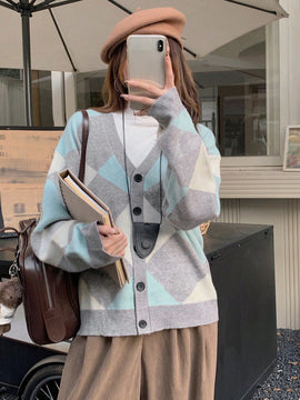 Dazy cardigan con bloques de color y argyle para mujer, informal para otono/invierno