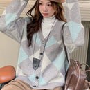Dazy cardigan con bloques de color y argyle para mujer, informal para otono/invierno