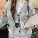 Dazy cardigan con bloques de color y argyle para mujer, informal para otono/invierno