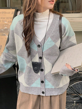 Dazy cardigan con bloques de color y argyle para mujer, informal para otono/invierno