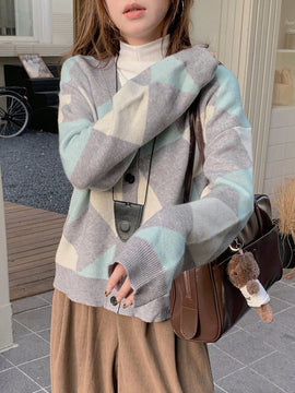 Dazy cardigan con bloques de color y argyle para mujer, informal para otono/invierno