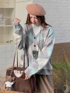 Dazy cardigan con bloques de color y argyle para mujer, informal para otono/invierno