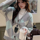 Dazy cardigan con bloques de color y argyle para mujer, informal para otono/invierno