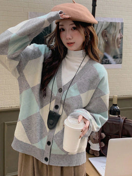 Dazy cardigan con bloques de color y argyle para mujer, informal para otono/invierno