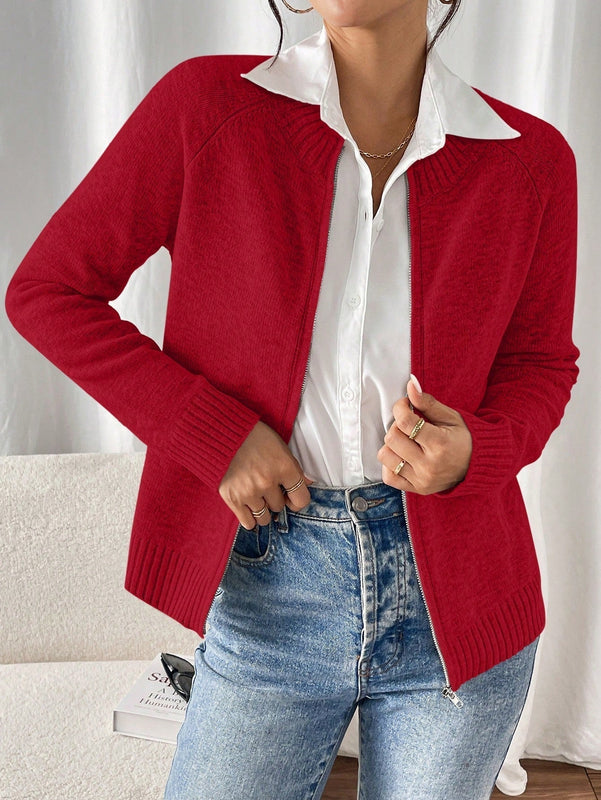 Essnce cardigan casual de mangas raglan con cierre delantero de cremallera, de unicolor, para otono/invierno