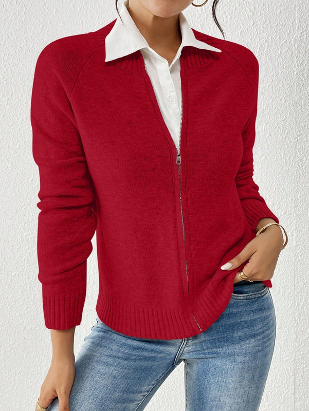 Essnce cardigan casual de mangas raglan con cierre delantero de cremallera, de unicolor, para otono/invierno