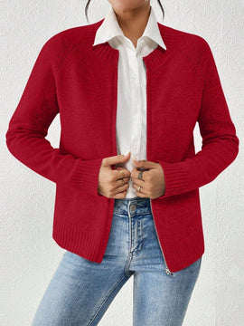Essnce cardigan casual de mangas raglan con cierre delantero de cremallera, de unicolor, para otono/invierno