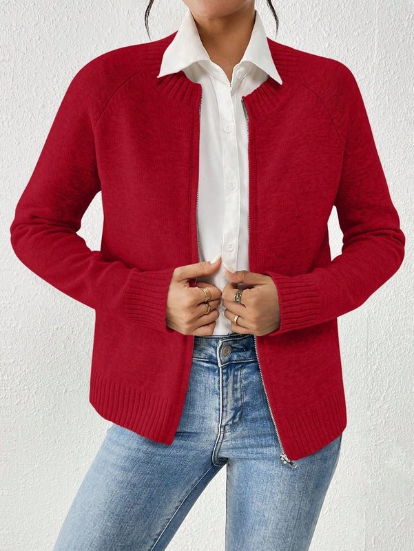 Essnce cardigan casual de mangas raglan con cierre delantero de cremallera, de unicolor, para otono/invierno