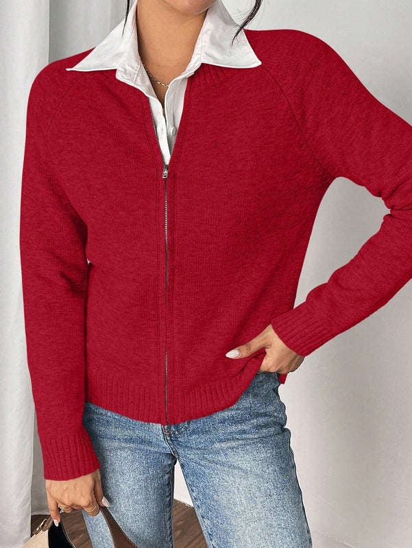 Essnce cardigan casual de mangas raglan con cierre delantero de cremallera, de unicolor, para otono/invierno