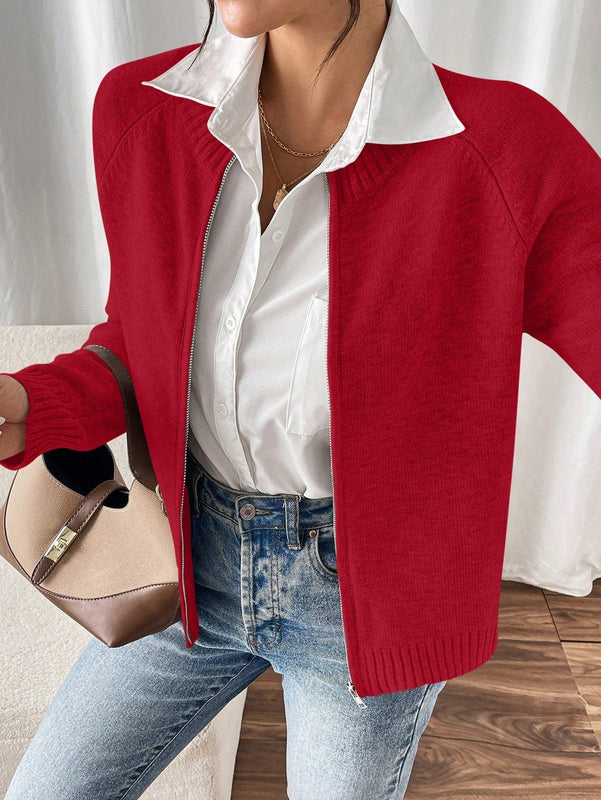 Essnce cardigan casual de mangas raglan con cierre delantero de cremallera, de unicolor, para otono/invierno