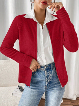 Essnce cardigan casual de mangas raglan con cierre delantero de cremallera, de unicolor, para otono/invierno