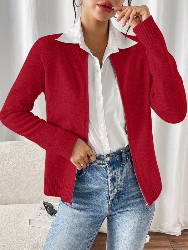 Essnce cardigan casual de mangas raglan con cierre delantero de cremallera, de unicolor, para otono/invierno