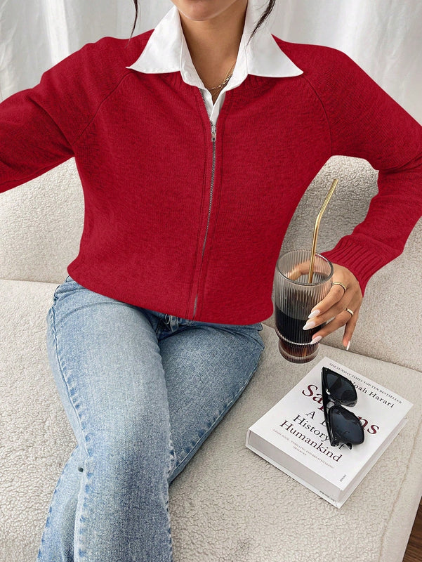 Essnce cardigan casual de mangas raglan con cierre delantero de cremallera, de unicolor, para otono/invierno