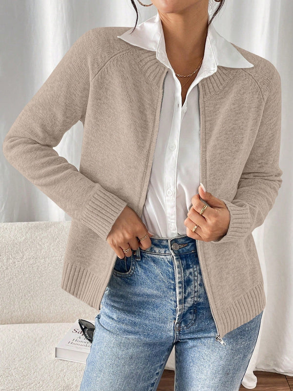 Essnce cardigan casual de mangas raglan con cierre delantero de cremallera, de unicolor, para otono/invierno