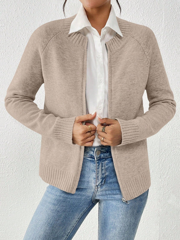 Essnce cardigan casual de mangas raglan con cierre delantero de cremallera, de unicolor, para otono/invierno