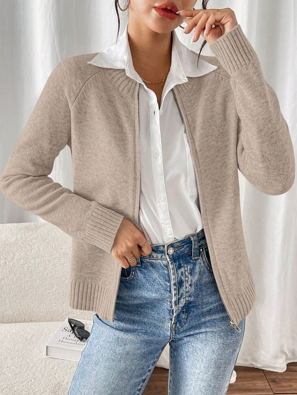 Essnce cardigan casual de mangas raglan con cierre delantero de cremallera, de unicolor, para otono/invierno