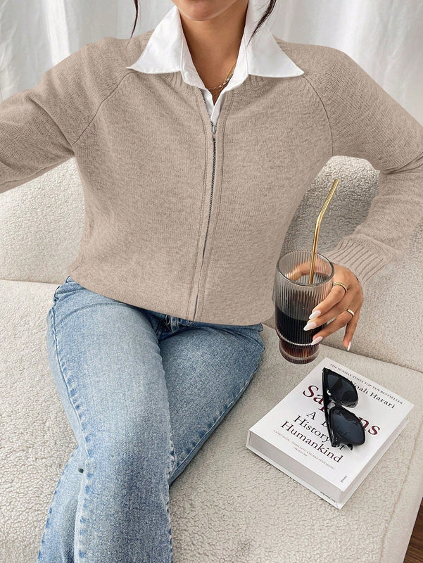 Essnce cardigan casual de mangas raglan con cierre delantero de cremallera, de unicolor, para otono/invierno