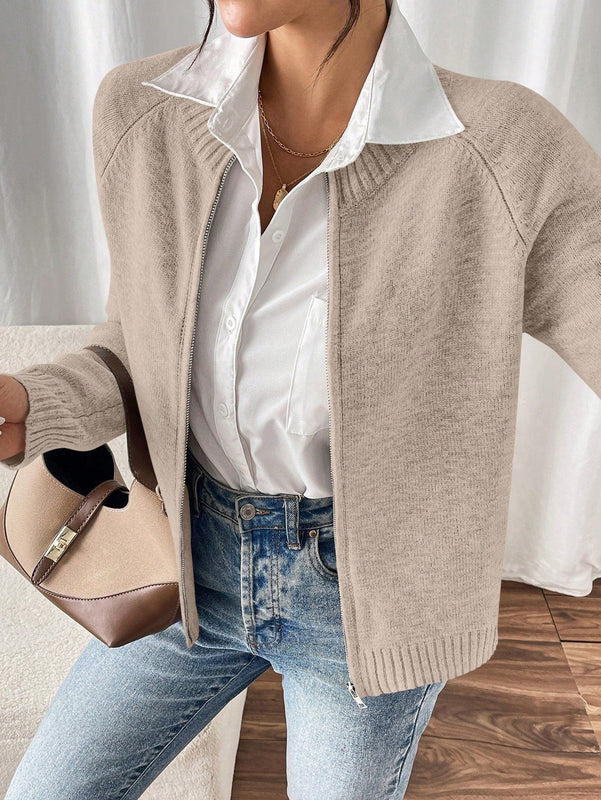 Essnce cardigan casual de mangas raglan con cierre delantero de cremallera, de unicolor, para otono/invierno