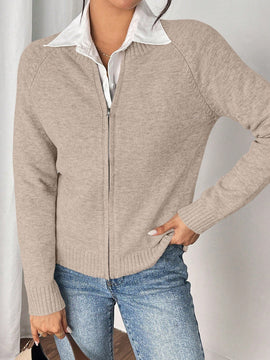 Essnce cardigan casual de mangas raglan con cierre delantero de cremallera, de unicolor, para otono/invierno