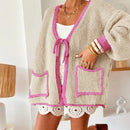Frenchy blusa minimalista de manga larga con bolsillo y detalle de color contrastante en los bordes con lazo frontal para mujer