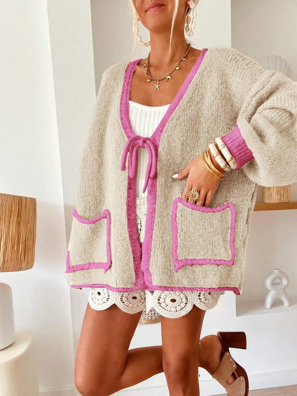 Frenchy blusa minimalista de manga larga con bolsillo y detalle de color contrastante en los bordes con lazo frontal para mujer