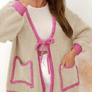 Frenchy blusa minimalista de manga larga con bolsillo y detalle de color contrastante en los bordes con lazo frontal para mujer