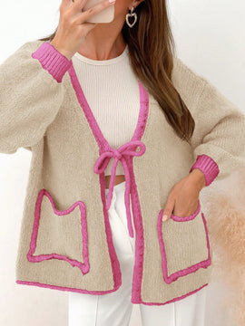 Frenchy blusa minimalista de manga larga con bolsillo y detalle de color contrastante en los bordes con lazo frontal para mujer
