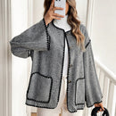 Frenchy chaqueta casual de mujer con estampado de leopardo, manga acampanada, para otono/invierno, de terciopelo con estampado de felpa (tela no esponjosa), con bolsillos delanteros con botones de color contrastante. chaqueta casual de manga larga