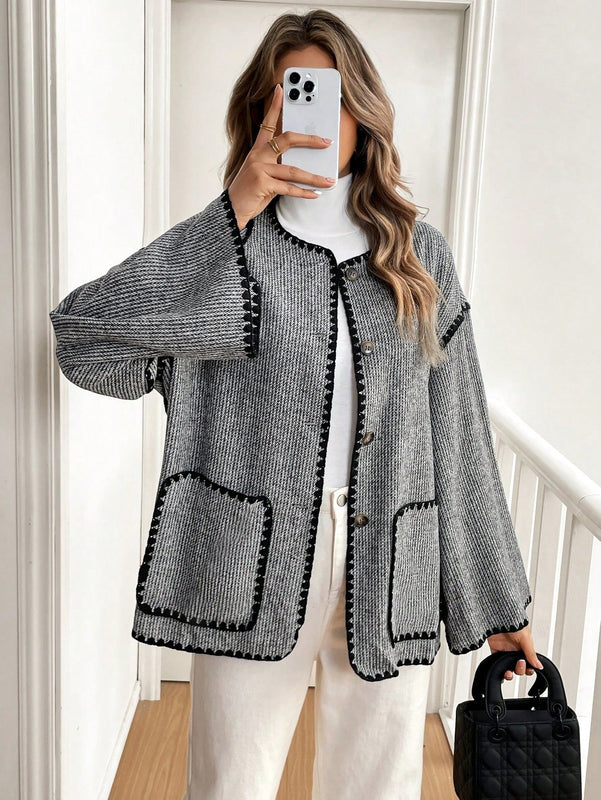 Frenchy chaqueta casual de mujer con estampado de leopardo, manga acampanada, para otono/invierno, de terciopelo con estampado de felpa (tela no esponjosa), con bolsillos delanteros con botones de color contrastante. chaqueta casual de manga larga