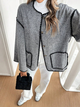 Frenchy chaqueta casual de mujer con estampado de leopardo, manga acampanada, para otono/invierno, de terciopelo con estampado de felpa (tela no esponjosa), con bolsillos delanteros con botones de color contrastante. chaqueta casual de manga larga